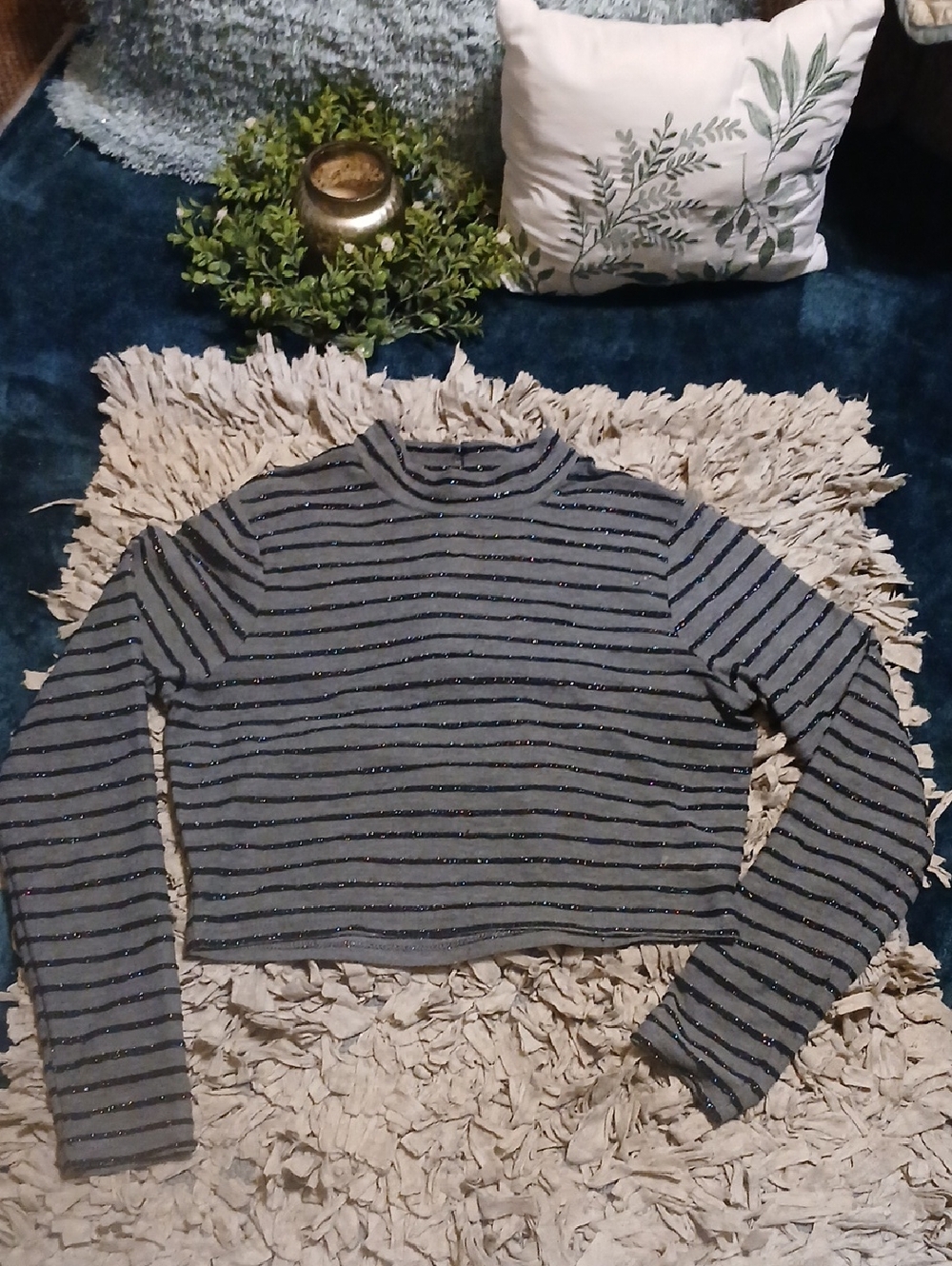 wild fable Gray and Navy Striped Long-Sleeve Crop Top with Metallic Threads